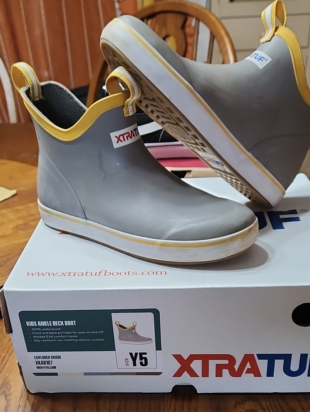 XTRATUF Kids Ankle Deck Boot in Gray with Yellow Trim